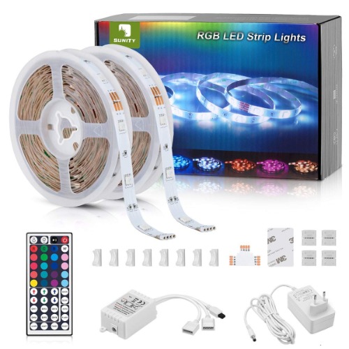 Sunity LED-remsa, 10 m, RGB LED-ljusslinga, ljusband med fjärrkontroll, SMD 5050 LED-remsor, ljuskedja, band, självhäftande list för hem, sovrum, TV, skåpdekoration