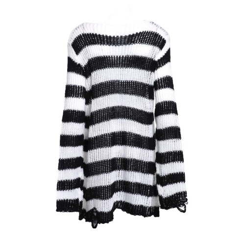 U/A Halloween gotisk stickad tröja för kvinnor, långa pullovers, randiga lösa tröjor för vinter, rippade tröjor i plusstorlek / violett