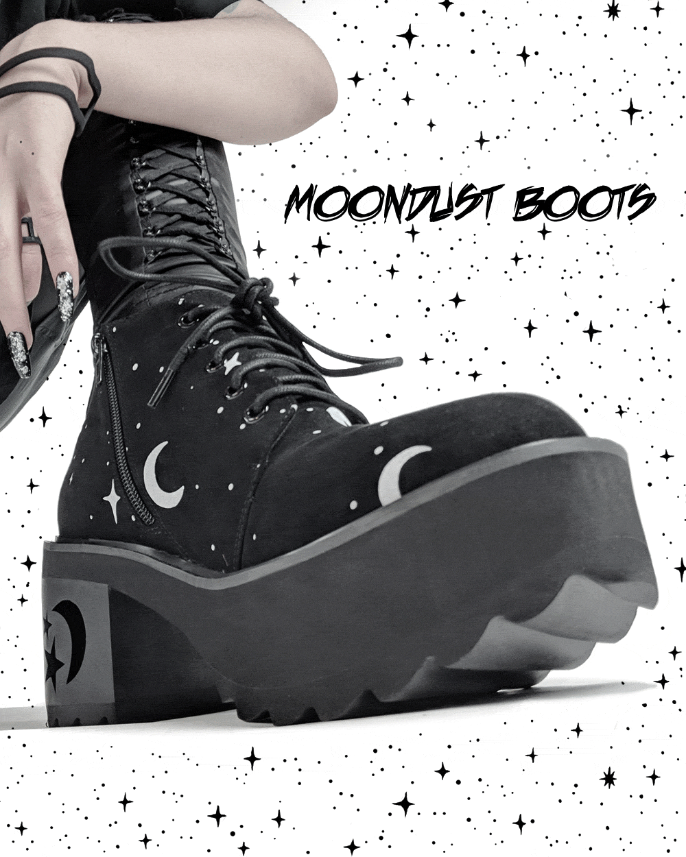 MoonDust Boots - Luxurious Quality Vegan Suede Goth Shoes with Moons & Stars, Witchy Alt Style, Occult Grunge Aesthetic, Soft Memory foam inner panels! | UK6