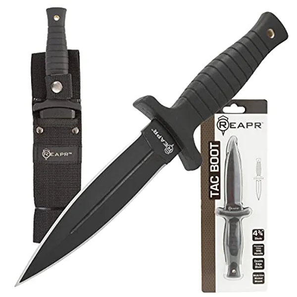 Reapr 11002 Tac Boot Knife, 4.75 Inch Double Edge Self Defense Knife for EDC | Use as Ankle Knife, Belt Knife or Over Shoulder Carry | 4.25" Hi Grip Handle | Nylon Web Sheath with Abs Insert