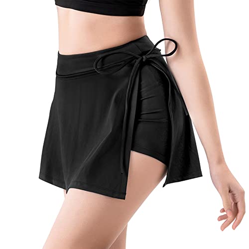 Komorebi Pleated Tennis Skort Skirt for Women with Shorts Pockets Drawstring High Waisted Slit Athletic Golf Skort Skirt - Black - Small