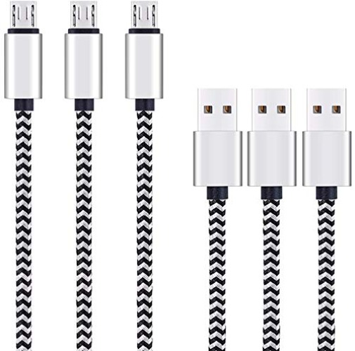 Ailun Micro USB Cable 10ft 3Pack High Speed 2.0 USB A Male to Micro USB Sync Charging Nylon Braided Cable for Android Phone Charger Cable Tablets Wall and Car Charger Connection Silver&Blackwhite - 10ft+10ft+10ft - Silver