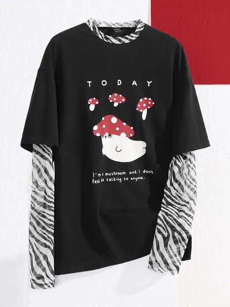 SHEIN X Wang xx Slogan & Mushroom Print 2 In 1 T-shirt