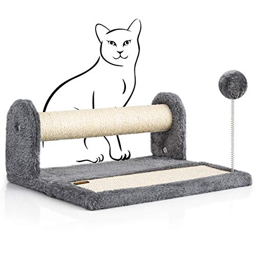 PAWBEE Cat Scratching Post & Pad - Natural Sisal Rope Covered Cat Scratch Post & Pads, Cat Scratching Posts for Indoor Cats, Cat Scratcher for Kittens with Soft Cat Toy Ball, 14.5" Cat Post and Carpet