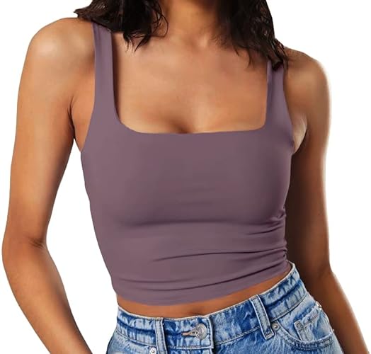 Artfish Women's Sleeveless Strappy Tank Square Neck Double Layer Workout Fitness Casual Basic Crop Tops - Small - Purple