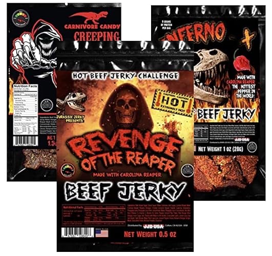 Jurrasic jerky Revenge of Reaper (Variety Pack) HOTTEST Beef Jerky Hot Food Challenge! Made with the Carolina Reaper- the HOTTEST pepper on the planet! ( Revenge of Reaper 1/2Oz + Creeping Reaper 3 Oz + Inferno X 3 Oz) - Variety Pack