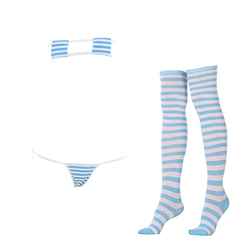 SINROYEE Sexy Lingerie Set for Women Japanese Anime Bikini Swimsuit Stripe with Striped Thigh High Socks - Blue Striped Square Bikini