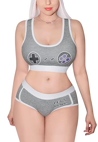 Littleforbig Women Cotton Camisole and Panties Sports loungewear Bralette Set - Let's Play Gamer Girl - Medium - Grey