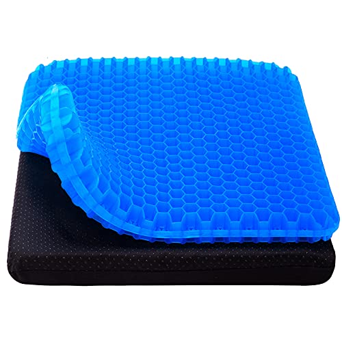 Cooling Gel Seat Cushion, Thick Big Breathable Honeycomb Design Absorbs Pressure Points Seat Cushion with Non-Slip Cover Gel Cushion for Office Chair Home Car seat Cushion for Wheelchair - Blue