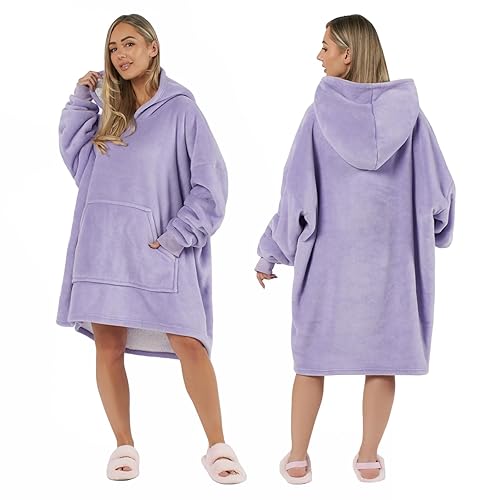 Sienna Hoodie Blanket Ultra Soft Sherpa Fleece Warm Comfy Cosy Oversized Wearable Giant Sweatshirt Throw for Women Girls Adults Men Boys Kids Big Pocket - One Size - Lilac