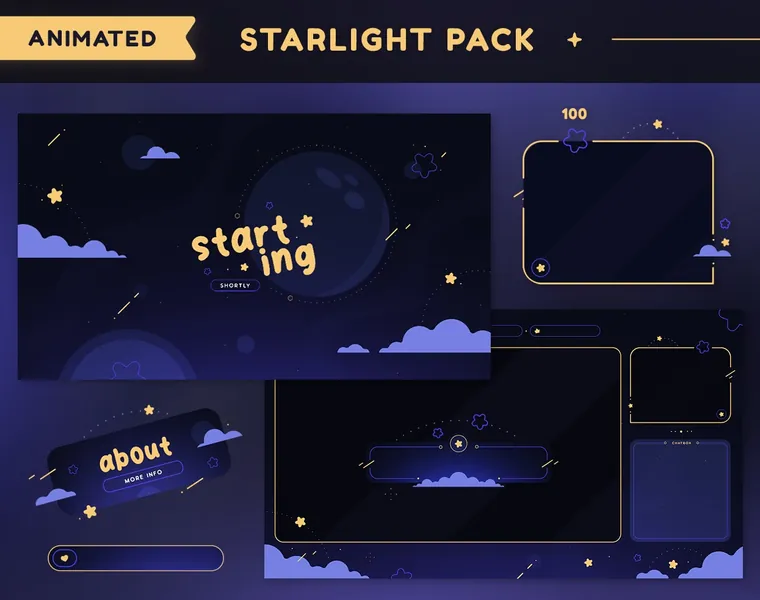 Starlight Animated Twitch Pack | Starry Night Sky Moon Cozy Streamer Package | Overlays, Scenes, Transition, Panels, Alerts, Webcam