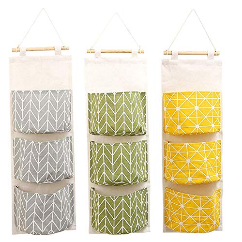 Wall Hanging Storage Bag, Waterproof Over The Door Closet Organizer| Linen Farbric Hanging Pocket Organizer with 3 Remote-Sized Pockets for Bedroom, Bathroom Yellow + Gray +Green - 3-piece