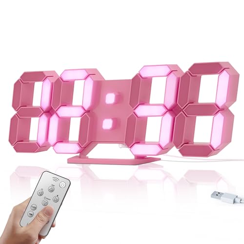 COVERY Digital Wall Clock, 3D Led Clocks, 10 '' Large Numbers, One-Touch Light Switch for Girl's Room - Alarm, Snooze, Temperature, Wireless Remote, Nightlight, Auto Brightness, Pink Light & Frame - 10'' Pink Light Led Clock With Verified By Transparency