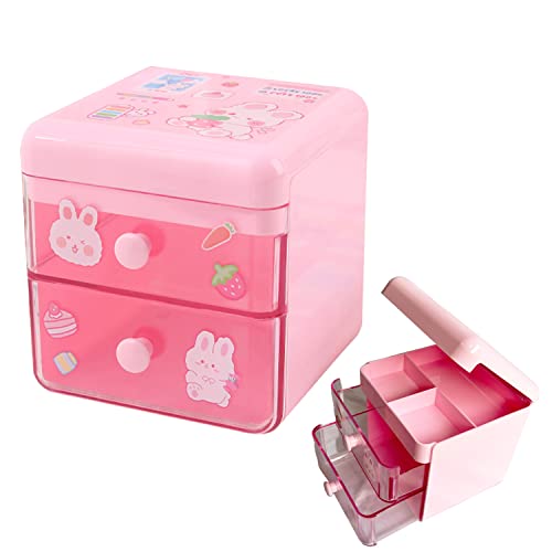 DTJTOOY Kawaii Cute Small Drawer Organizer and Openable Top Cover (Pink) Desk Accessories, Lovely Storage Cabinets box for Office Supplies, Makeup, and Jewelry Accessories - Pink