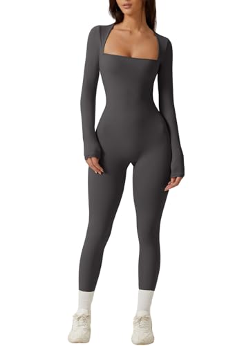 QINSEN Womens Sexy Square Neck Long Sleeve Full Length Leggings Bodycon Stretch Jumpsuit - Small - Light Black