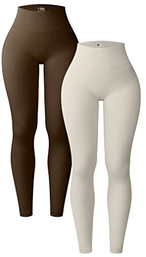 OQQ Women's 2 Piece Yoga Leggings Ribbed Seamless Workout High Waist Athletic Pants - Small - Coffee Beige