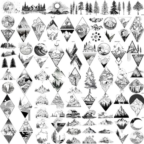 GOROMON 52 Sheets Small Black Mountain Temporary Tattoos For Men Women Adult, Geometric Sea Weave Forest Pine Tree Realistic Tattoo Sticker For Kids Children, Moon Sun Star Triangle Tatoos Outer Space - 