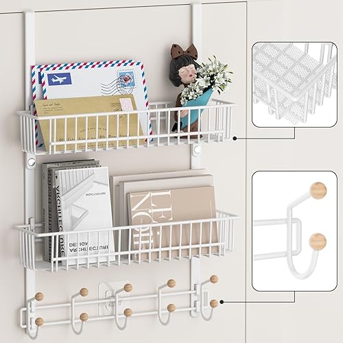 Aimeaihe Over The Door Hooks Organizer, Door Hange Towel Rack with 10 Coat Hooks & 2 Wire Basket Coat Rack, Over The Door Organizer Hanging for Bathroom Kitchen, Back of Door Storage Organizer(White) - 2 Baskets-Upgrade - 2 Wire Basket-White-B