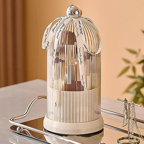 Ezebesta Makeup Brush Holder Organizer with Clear Lid 360 Rotating Dustproof Makeup Brushes Container for Vanity with Cute Ribbon