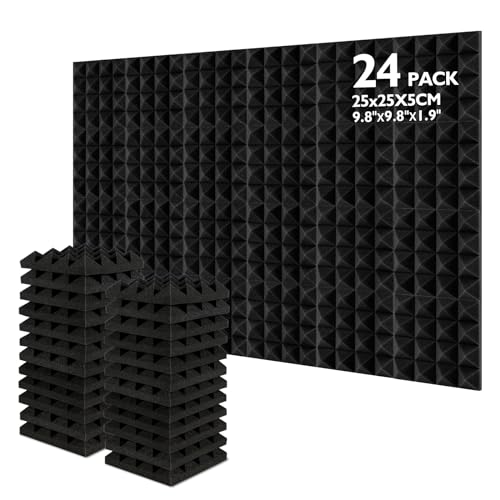 AGPtEK Acoustic Foam Tiles, 24 Packs Soundproof Studio Foams 25x25x5CM Black Pyramid Acoustic Panels Home Studio Sound Treatment, for Recording Studio - Black