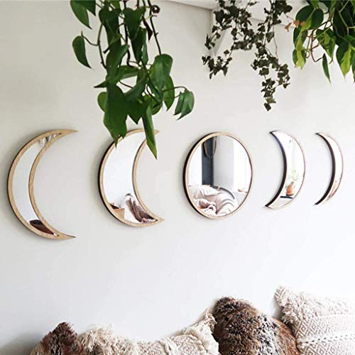 Scandinavian Natural Decor Acrylic Wall Decorative Mirror Interior Design Wooden Moon Phase Mirror Bohemian Wall Decoration for Home Living Room Bedroom Decor - No Need to Punch -5 Pieces(Beige) - Beige
