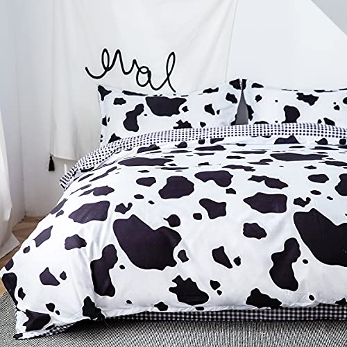 Morbuy Duvet Cover Set Double, 3 Piece Cow Print Bedding Set Cute Animal Print Duvet Set Reversible Soft Quilt Cover with 2 Pillowcases, for Double Bed (200cm x 200cm) - Double-200x200cm - Cow