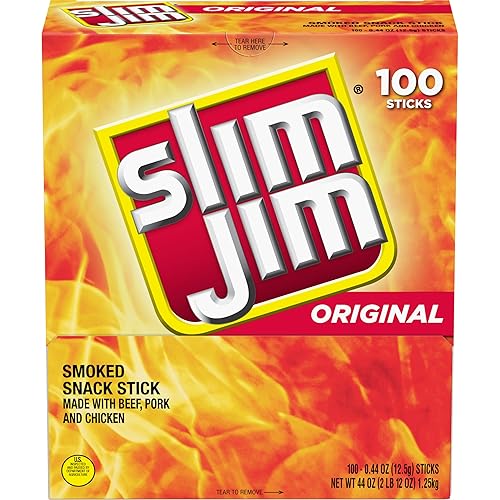 Slim Jim Smoked Meat Sticks, Original Flavor, 2g Protein Per Stick, Snack Size, 0.44 oz. (100 Count)