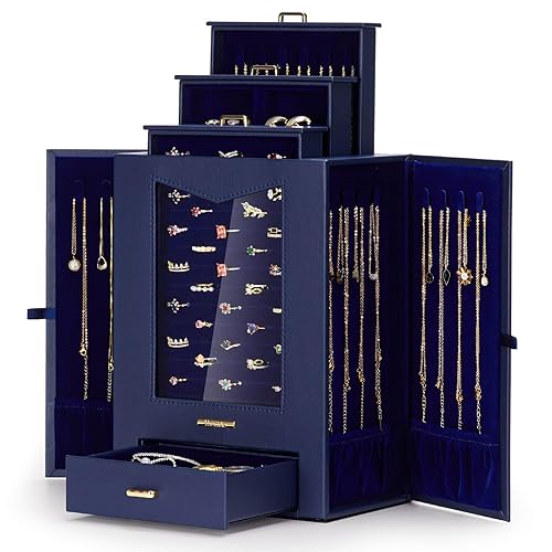 Homde Jewelry Organizer with Transparent Window Necklace Hooks Gift for Women Jewelry Box Display Case for Necklaces Rings Earrings Bracelets and Other Jewelry Accessories (Dark Blue) - Dark Blue