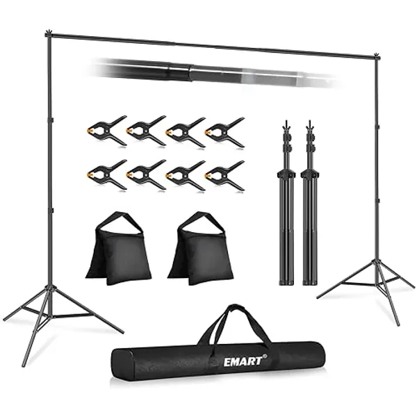 EMART Backdrop Stand 10x7ft(WxH) Photo Studio Adjustable Background Stand Support kit with 2 Crossbars, 8 Clamps, 2 Sandbags and Carry Bag for Parties, Events Decoration, Wedding, Photography - 10x7ft - Black