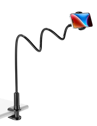 Tryone Gooseneck Phone Holder Stand for Bed Flexible Arm Adjustable Cell Phones Mount Clamp on Desk Bedframe Compatible with iPhone 14 Pro Max 13 12 11 X SE Series/Samsung S22 or Other 4"-7" Devices - Black