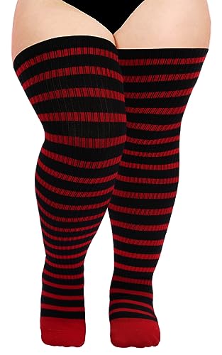 Moon Wood Plus Size Thigh High Socks for Women Knit Cotton Extra Long Halloween Over the Knee High Socks Leg Warmers - One Size Plus - Black & Red