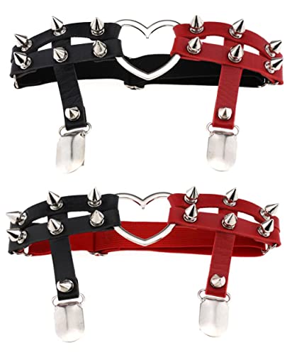 Ximerinf Women Girl Leather Heart Thigh Garter Belt Goth Studded Rivet Stud Leg Ring - Black+red