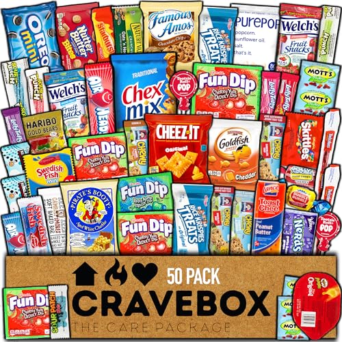 CRAVEBOX Snack Box (50 Count) Valentines Variety Pack Care Package Gift Basket Adult Kid Guy Girl Women Men Birthday College Student Office School
