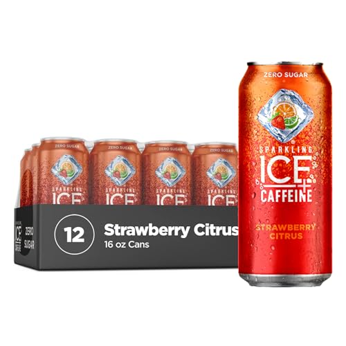 Sparkling Ice +Caffeine Strawberry Citrus Sparkling Water, with Antioxidants and Vitamins, Zero Sugar, 16 fl oz Cans (Pack Of 12) - Strawberry Citrus