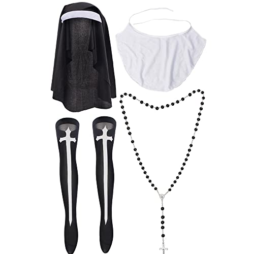 Yewong Nun Costume Accessory Set with Catholic Nun Costume Hat, Nun Collar, Cross Pendent Necklace, Cross Print Stockings - Set-b