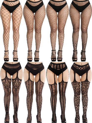 8 Pairs Women Fishnet Stockings Tights Pantyhose Thigh High Stockings Waist Fishnets - 