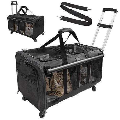 GJEASE Cat Rolling Carrier for 2 Cats,Double-Compartment Pet Rolling Carrier with Wheels for 2 Pets,for Up to 35 LBS,Super Ventilated Design,Ideal for Traveling/Hiking/Camping - Black - Under 35 LBS(Double-Compartment)