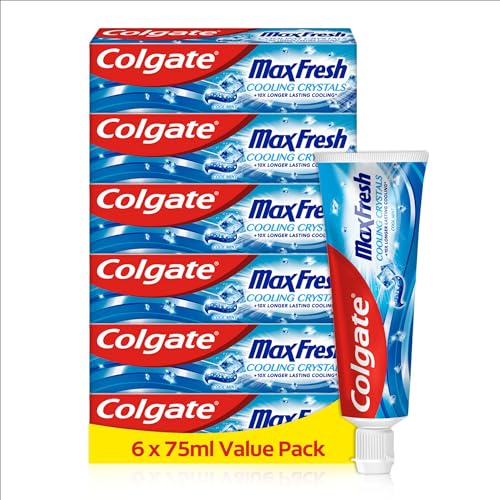 Colgate Max Fresh Cooling Crystals Toothpaste, Cool Mint, Anticavity Toothpaste, 10x Longer Lasting Cooling*, Toothpaste Multipack, 6 Pack, 75ml Tubes - 75 ml (Pack of 6) - Max Fresh
