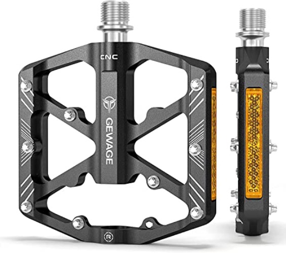 GEWAGE Bike Pedals With Reflective Strips, 3 Sealed Bearings Non-Slip CNC Aluminum Bicycle Platform 9/16" Pedals For Road Bike MTB E-Bike. - Black