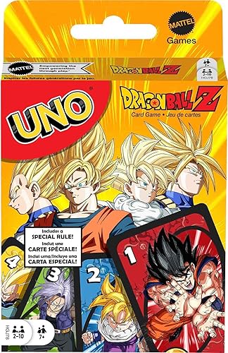 Mattel Games UNO Dragon Ball Z Card Game for Family Night Featuring Deck with TV Show-Themed Graphics & Special Rule for 2 for 10 Players