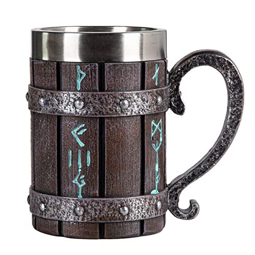 Nordic Viking Rune Mug Beer Tankard Cup for Men, Stainless Steel Coffee Mugs Viking Gifts Norse Décor Beer Stein, 20oz - Wine Barrel