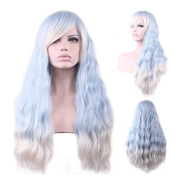 
                            BERON 28'' Long Curly Ombre Light Blue Patel Wigs with Side Bangs Wig Cap Included (Light Blue Ombre Silvery White)
                        