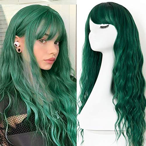 EVLYNN Wigs With Bangs Ombre Dark Green Wig Long Loose Wavy Curly Hair Synthetic Fiber Glueless Dark Root No Lace Wig For Women - green