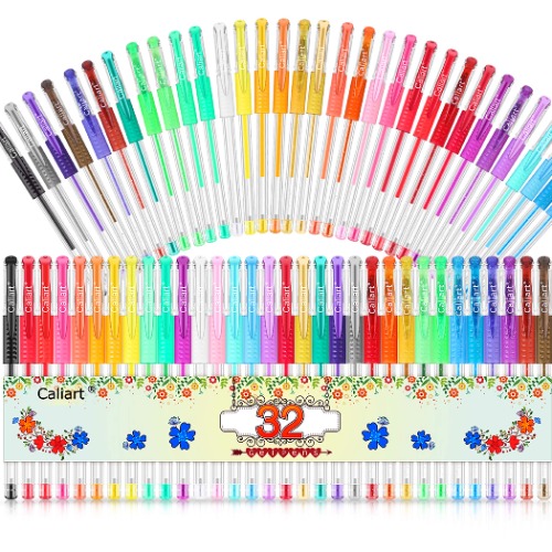 Caliart Gel Pens, 32 Colors Gel Pen Set, 40% More Ink Colored Gel Markers Fine Point Pens for Kids Adult Coloring Books, Drawing, Doodling, Crafting, Journaling, Scrapbooking