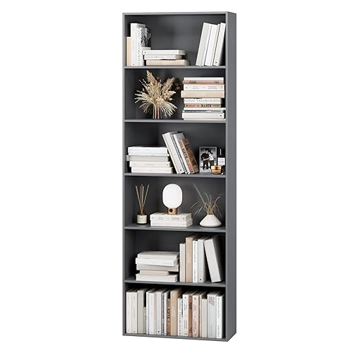 FOTOSOK 6-Tier Open Bookcase and Bookshelf, Freestanding Display Storage Shelves Tall Bookcase for Bedroom, Living Room and Office, Dark Gray - Dark Gray