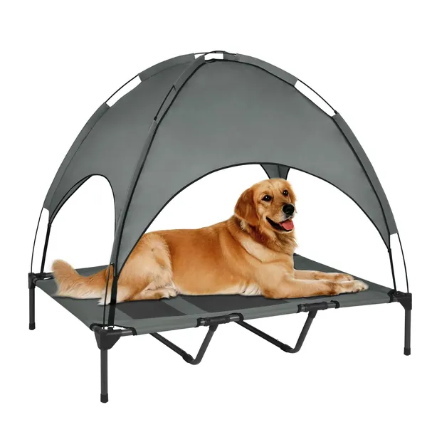 Outdoor Dog Bed with Canopy, Breathable Portable Elevated Dog Bed with Tent, Raised Cooling Dog Cots Beds for Large Dogs with Removable Sunshade Awning (Grey) - 