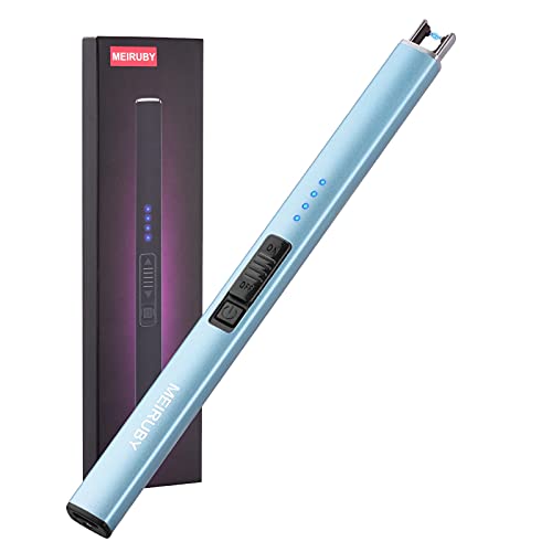 MEIRUBY Lighter Electric Candle Lighter Long Electronic Rechargeable USB Lighter Arc Windproof Flameless Lighters for Candle Camping BBQ Birthday Women's Day Gifts for Women Mom Wife Men, Light Blue - Light Blue