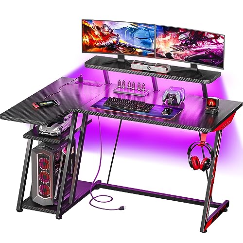MOTPK L Shaped Gaming Desk with LED Lights & Power Outlets, Gaming Computer Desk 47inch with Storage Shelf, Corner Desk with Carbon Fiber Texture, Gamer Desk Gaming Table, Black - 47 Inch (Left Corner) - Black Led
