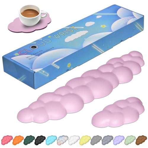 JIKIOU Upgrade Leather Cloud Keyboard Wrist Rest, Cloud Wrist Rest with Non-Slip PU Base, Comfortable Memory Foam Wrist Rest for Computer Laptop Mac Gaming Office and Pain Relief Christmas Wish Gift - Light Pink