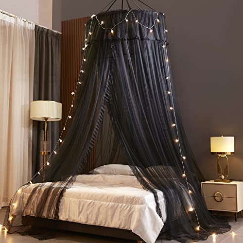 VETHIN Princess Bed Canopy for Girls,Bed Canopy Curtain- Double Layer Sheer Mesh Dome Bed Curtain- Round Lace Princess Mosquito Net Tent (Double Black-2) - Double Black-2